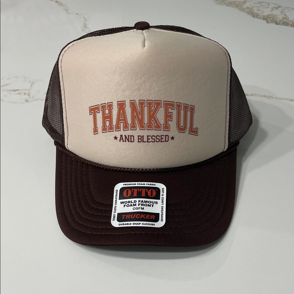 Thankful and Blessed Brown and Cream Trucker Hat